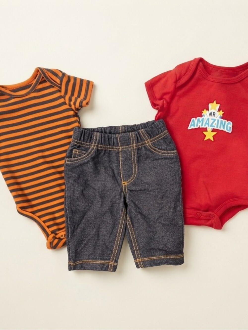 Carter's 3Mr. Amazing Red Onesie + Orange Stripe Bodysuit & Denim Baby Pants Set